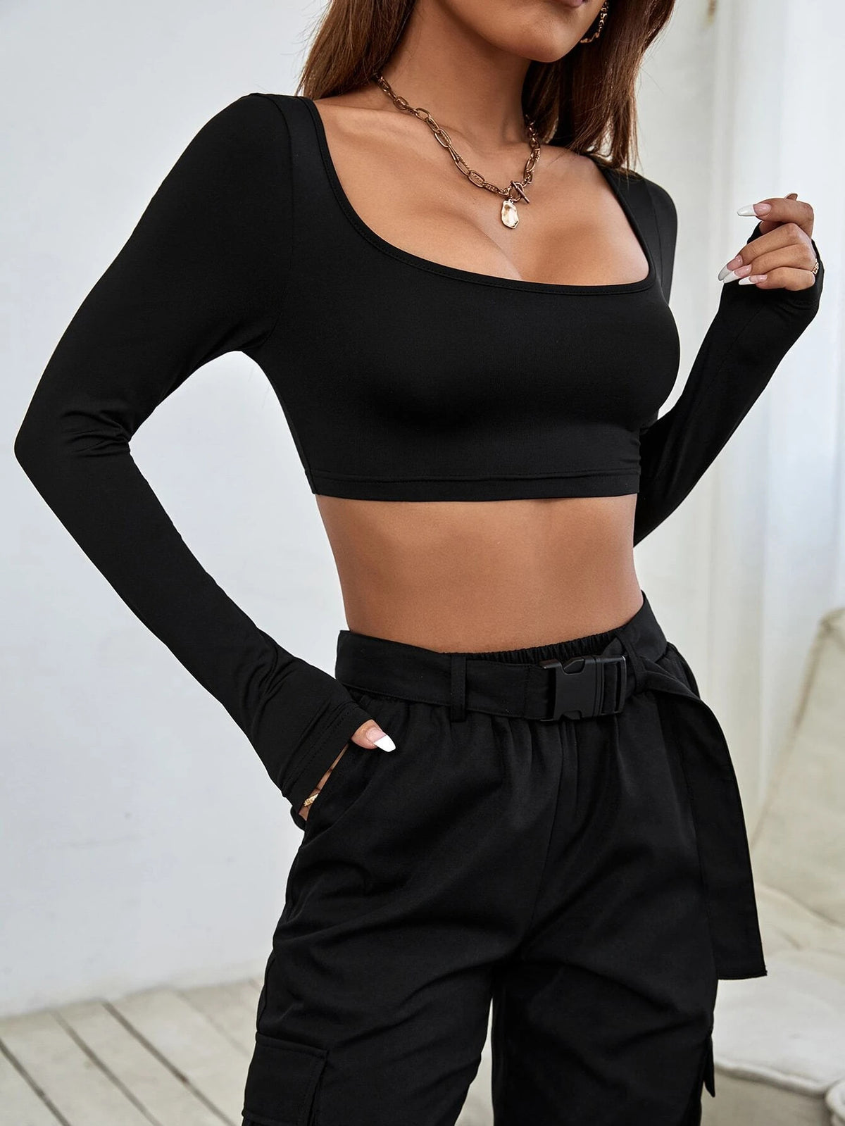 Square Neck Ultra Cropped Knit Top - Black - 2