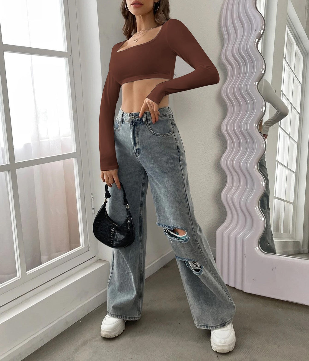 Square Neck Ultra Cropped Knit Top - Coffee - 1