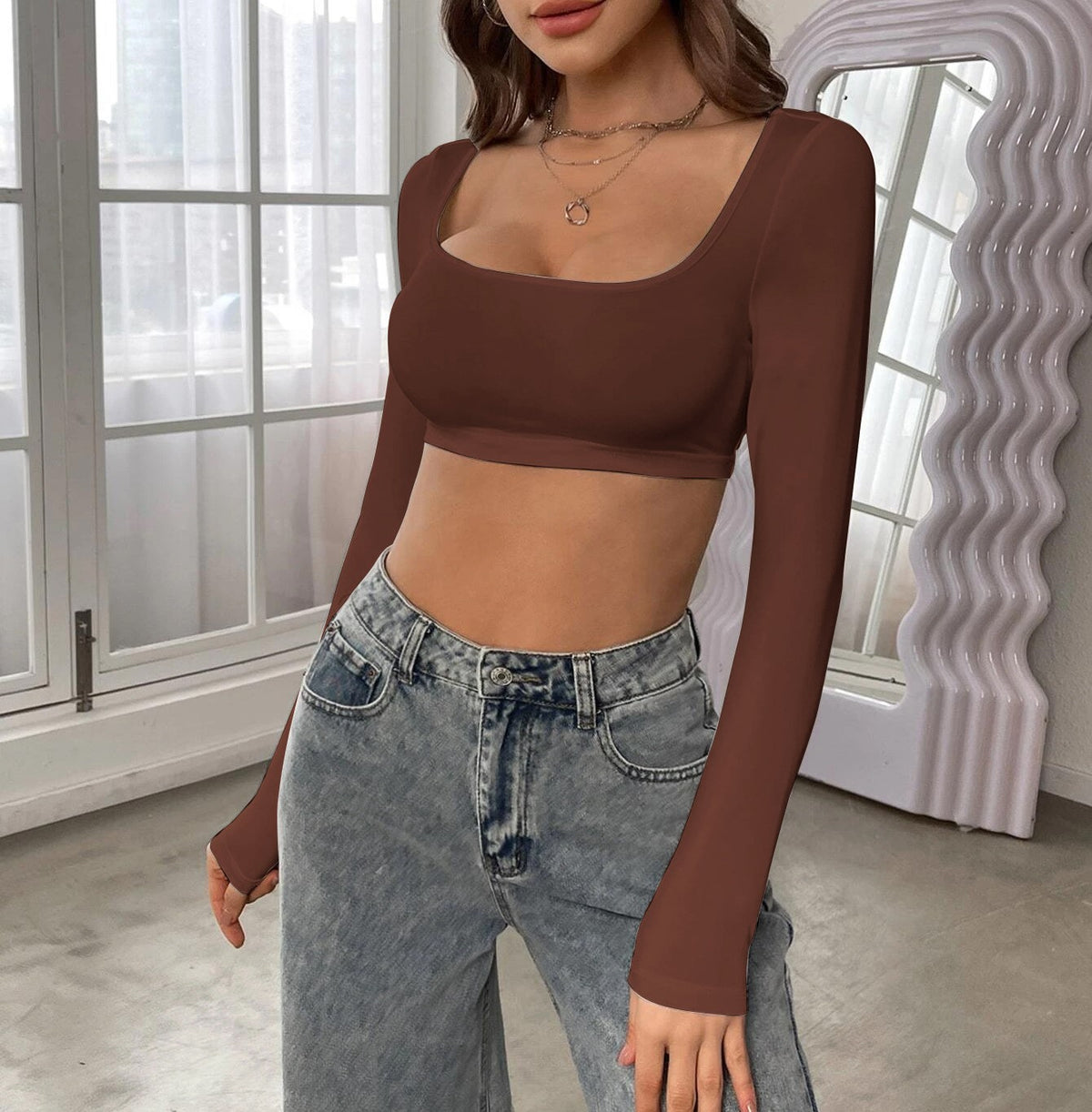 Square Neck Ultra Cropped Knit Top - Coffee - 5