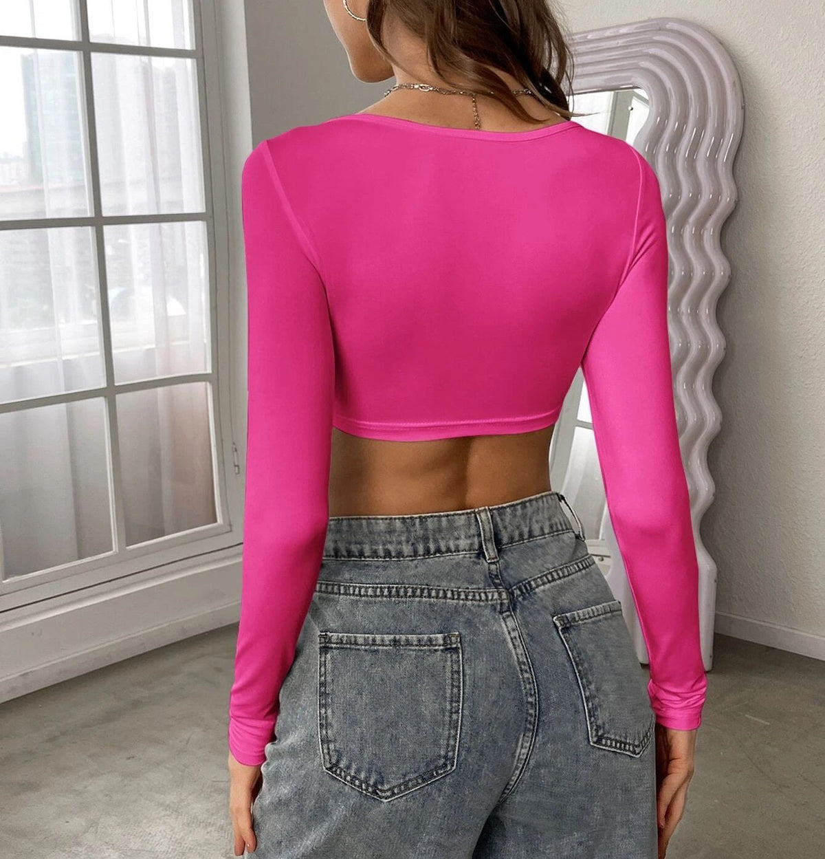 Square Neck Ultra Cropped Knit Top - Rose red - 2