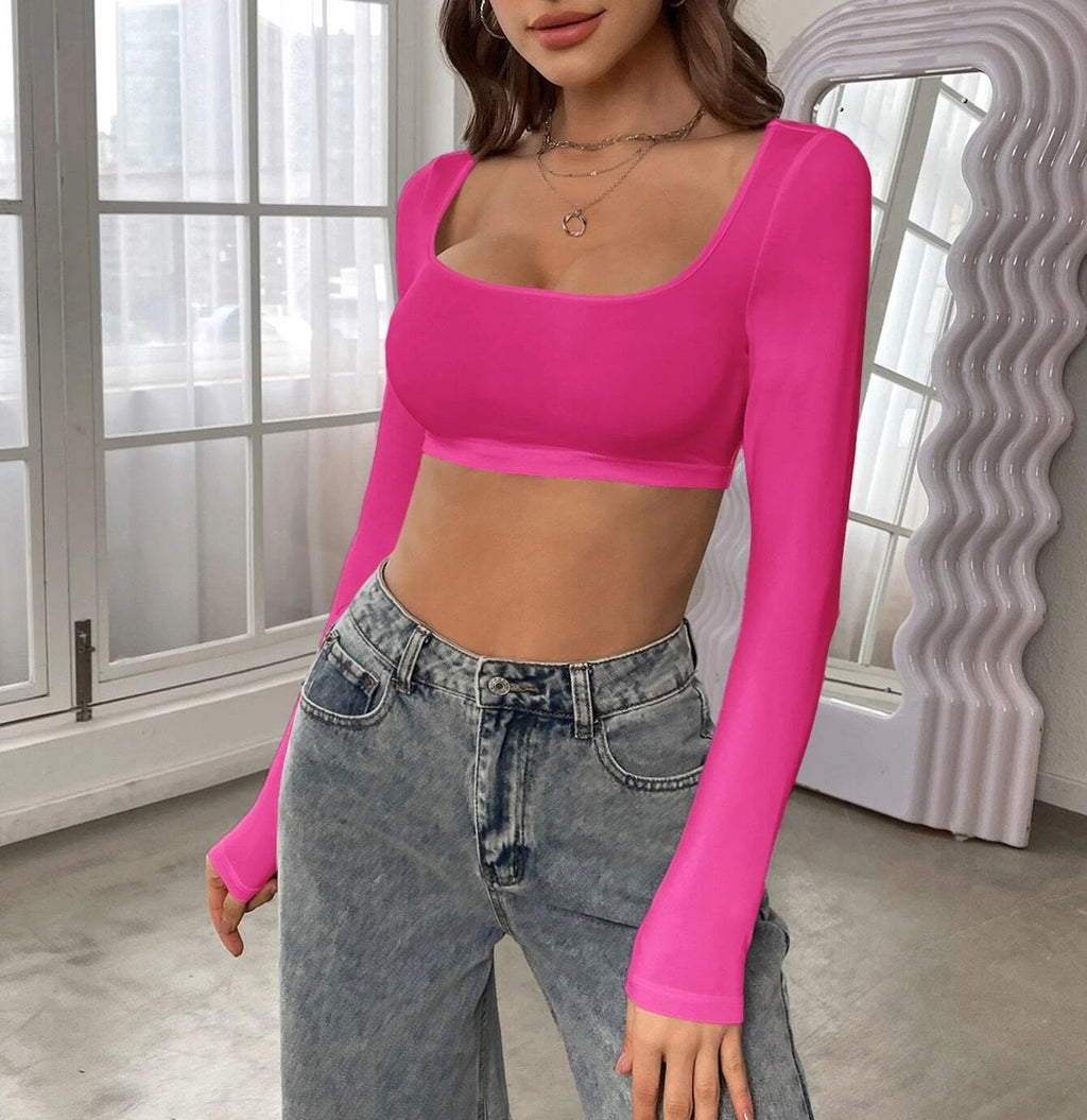 Square Neck Ultra Cropped Knit Top - Rose red - 3