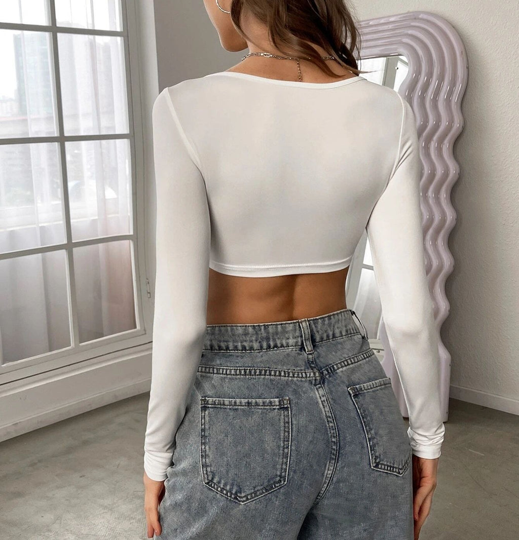 Square Neck Ultra Cropped Knit Top - White - 5