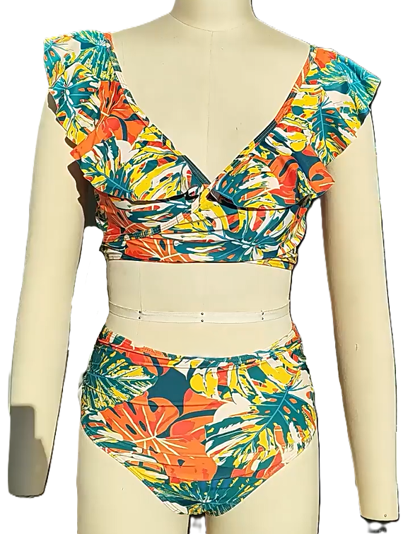 Tropical Print Ruffle Trim Bikini Set - Green