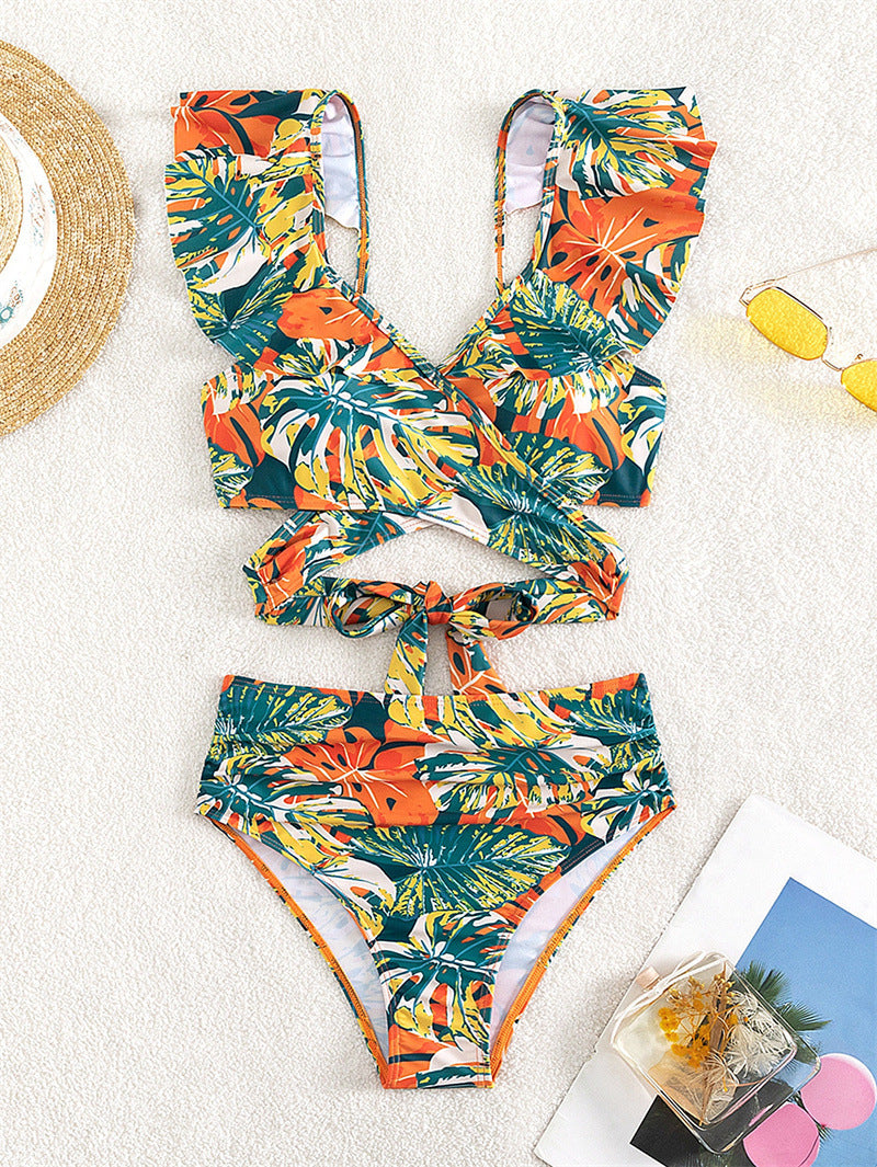 Tropical Print Ruffle Trim Bikini Set - Green - 2