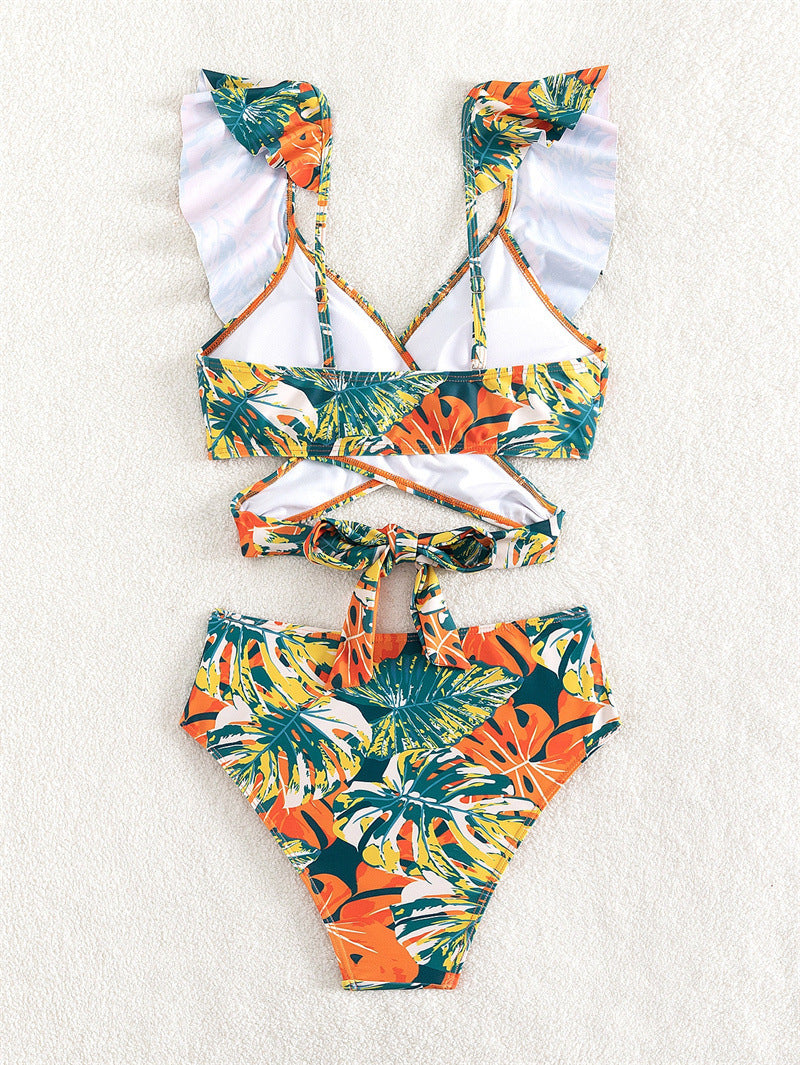 Tropical Print Ruffle Trim Bikini Set - Green - 3