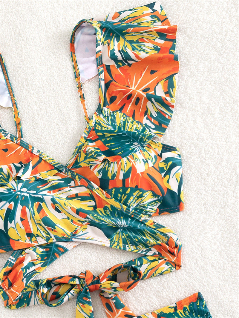 Tropical Print Ruffle Trim Bikini Set - Green - 4