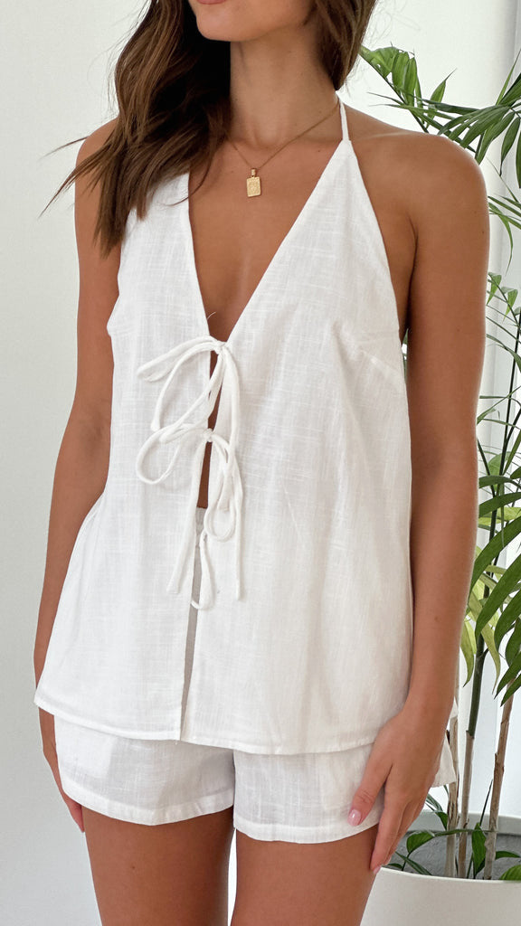 Tie Front Halter Cami and Shorts Set - White - 1