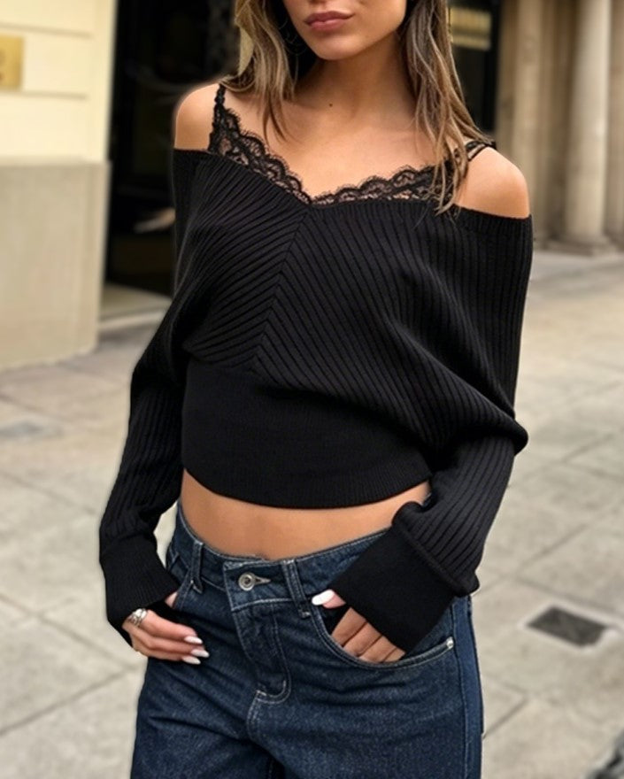 Off Shoulder Crop Knit Top With Lace Cami Layer - Black