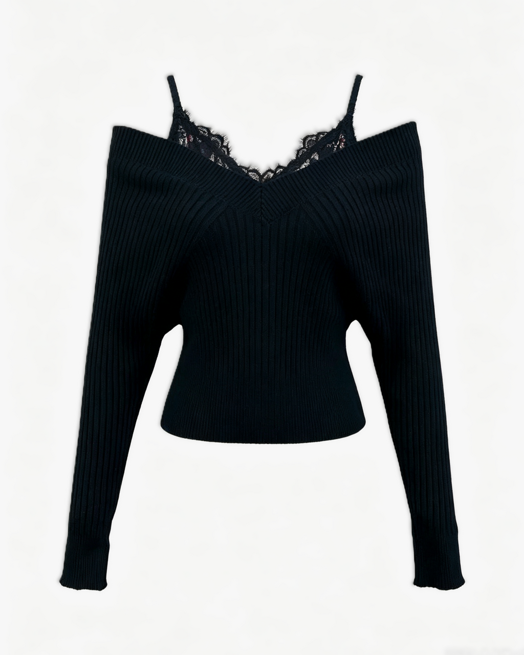 Off Shoulder Crop Knit Top With Lace Cami Layer - Black - 1