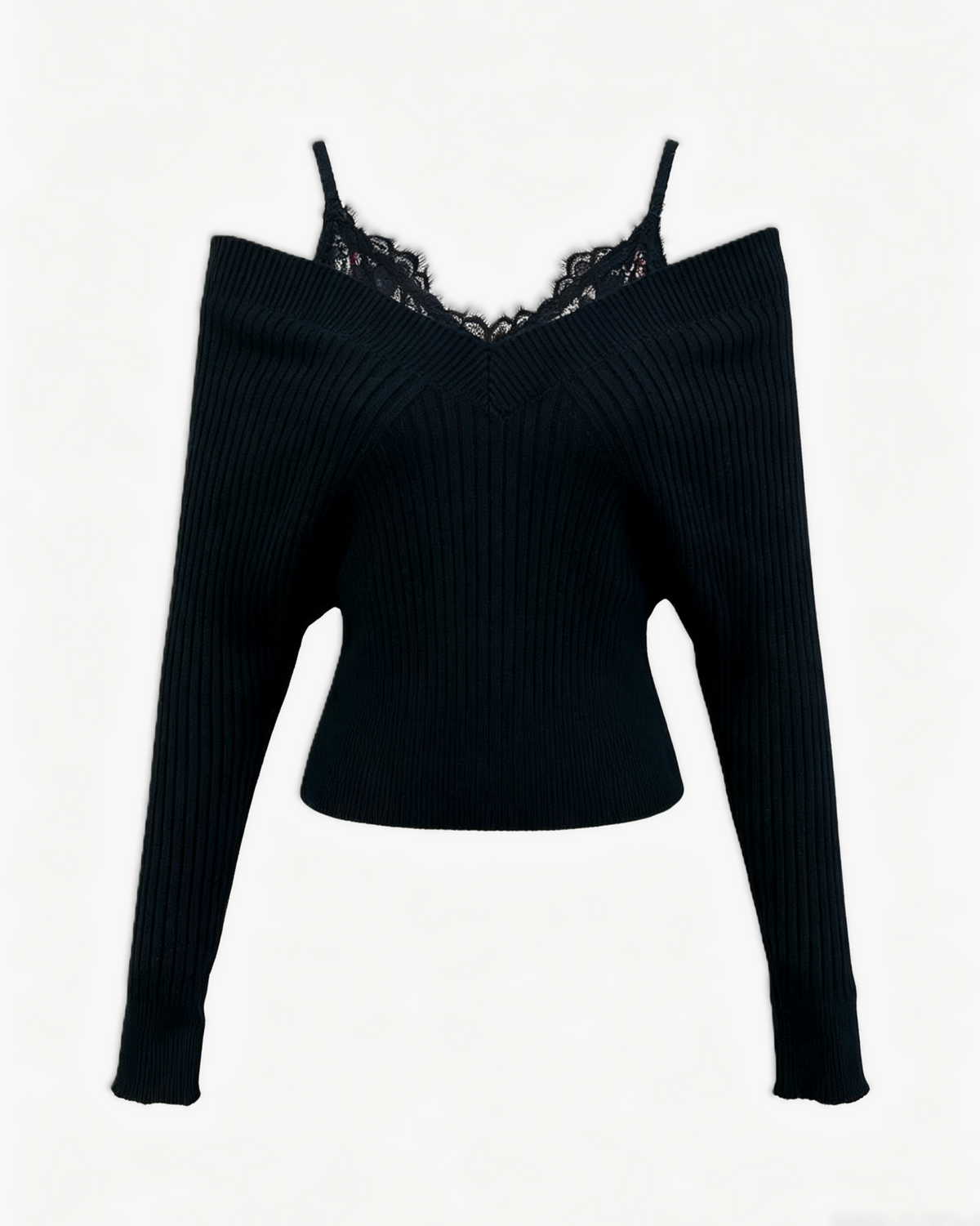 Off Shoulder Crop Knit Top With Lace Cami Layer - Black - 1