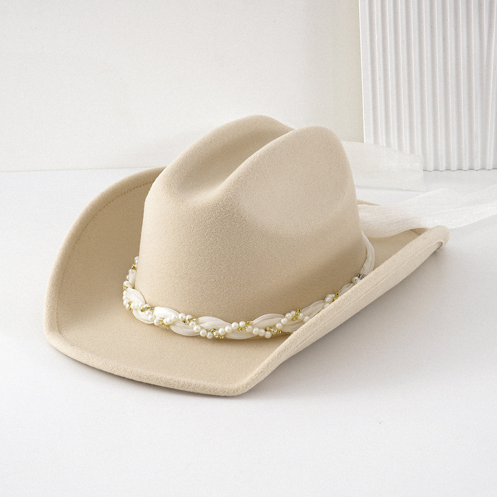 Pearl Braid Band Western Cowboy Hat - Beige