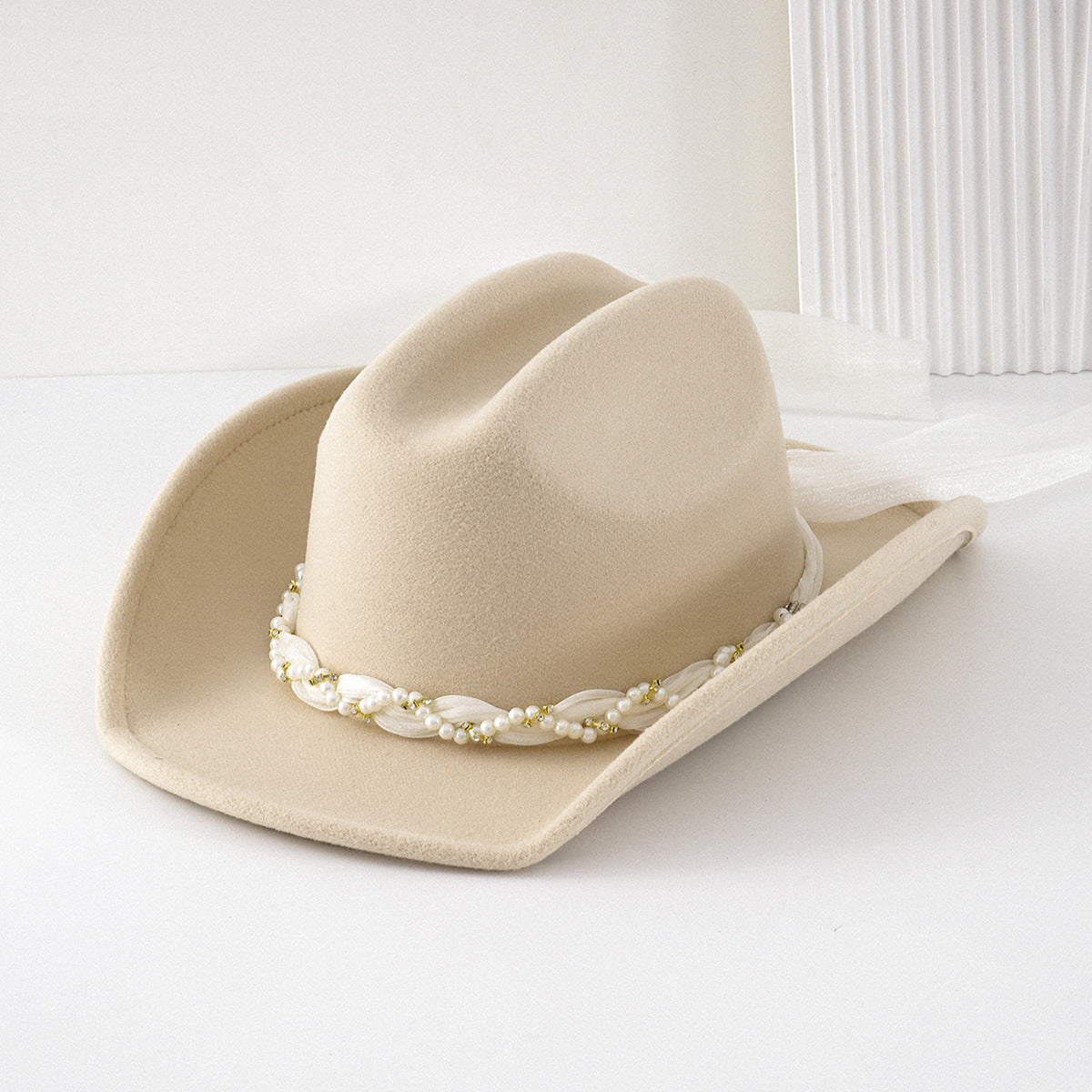Pearl Braid Band Western Cowboy Hat - Beige