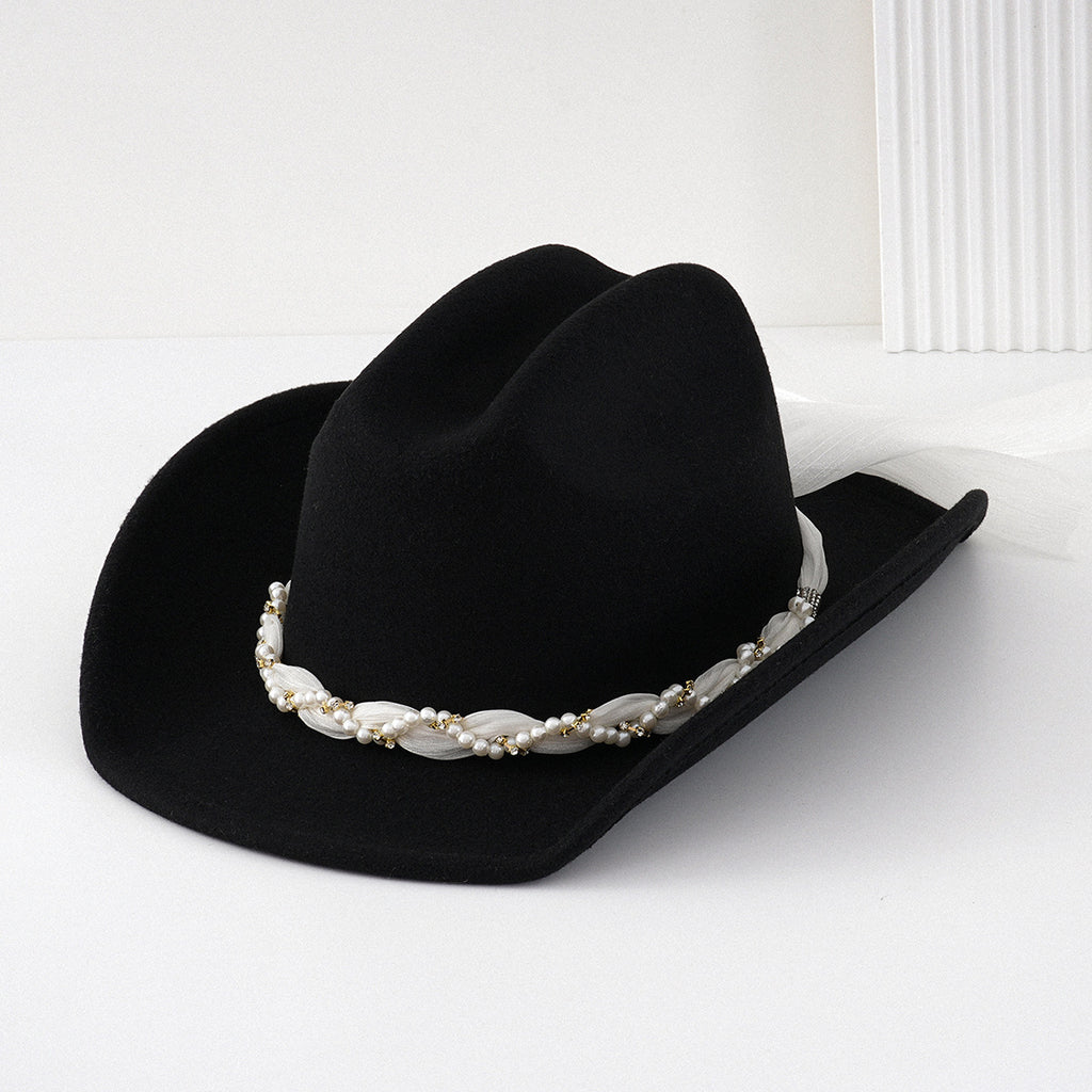 Pearl Braid Band Western Cowboy Hat - Black