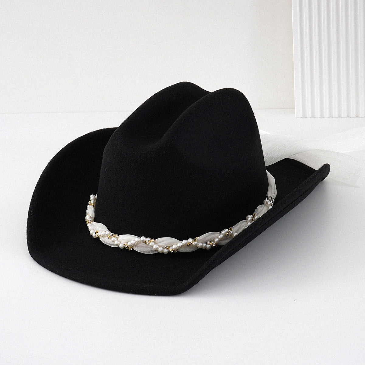 Pearl Braid Band Western Cowboy Hat - Black