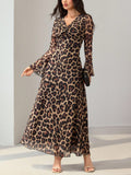 Bell Sleeve Leopard Maxi Dress With Side Slit - Leopard