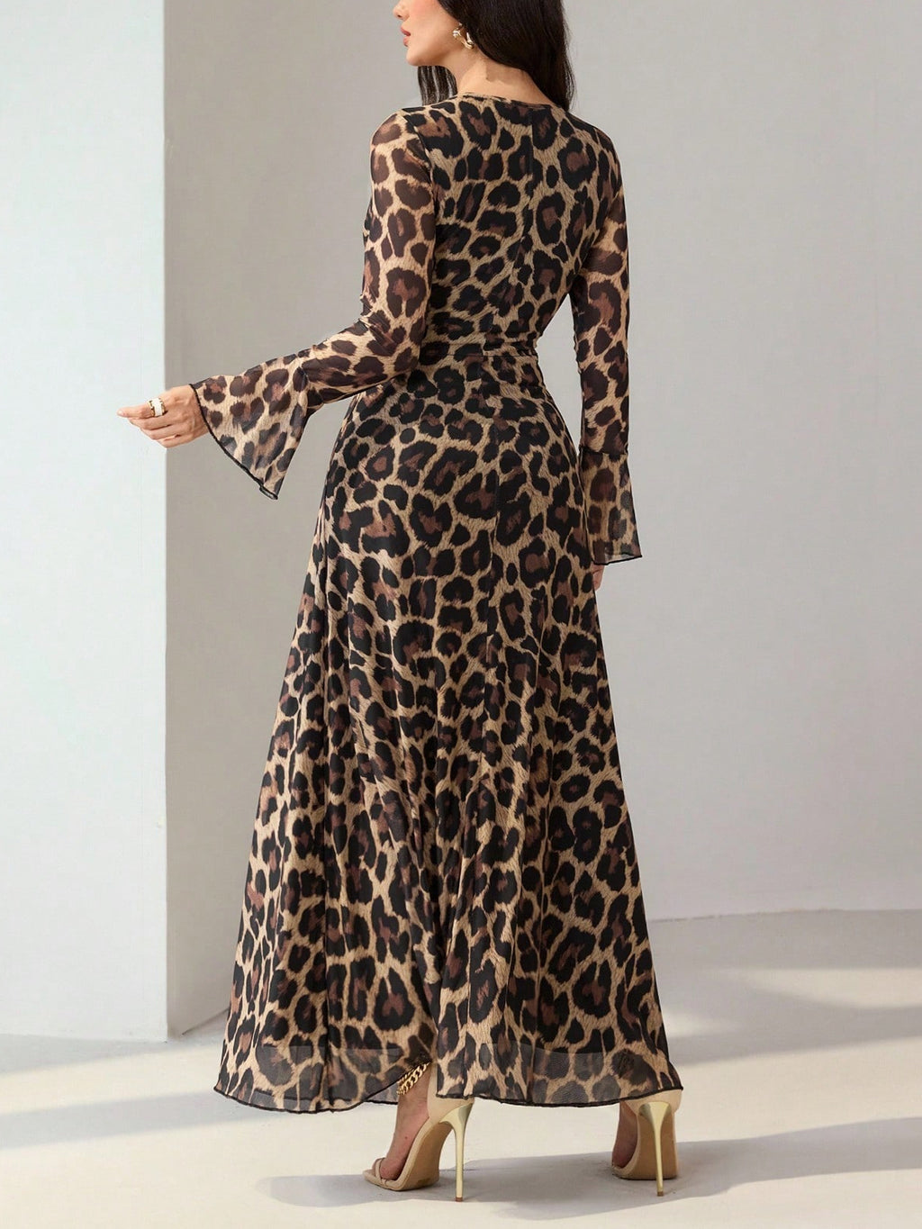 Bell Sleeve Leopard Maxi Dress With Side Slit - Leopard - 1