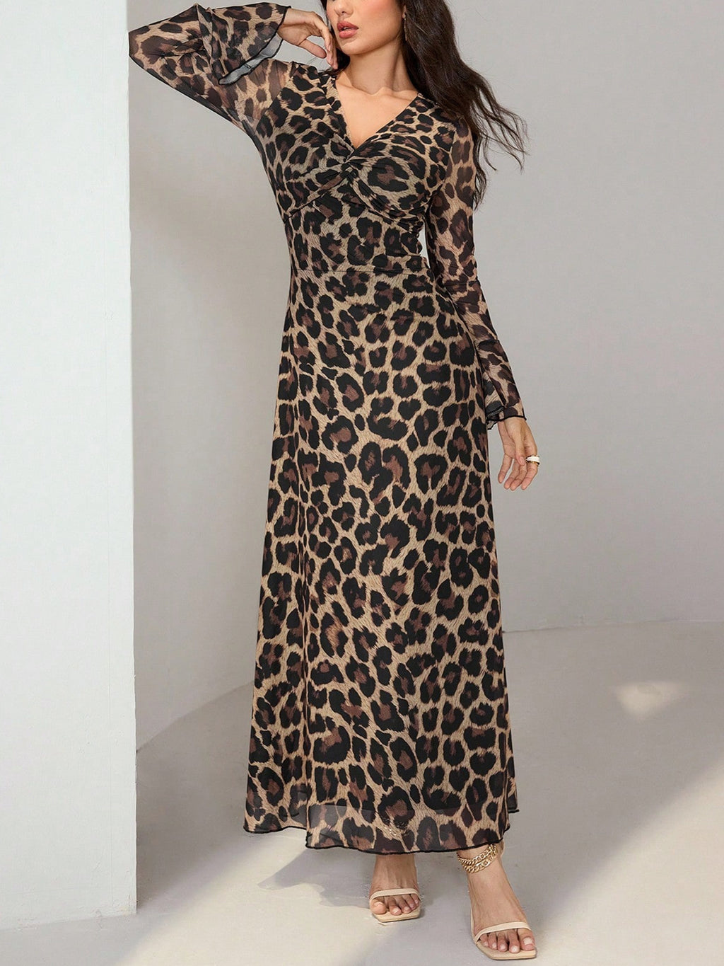 Bell Sleeve Leopard Maxi Dress With Side Slit - Leopard - 2