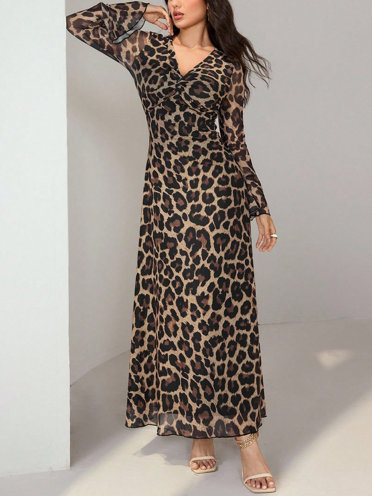 Bell Sleeve Leopard Maxi Dress With Side Slit - Leopard - 2
