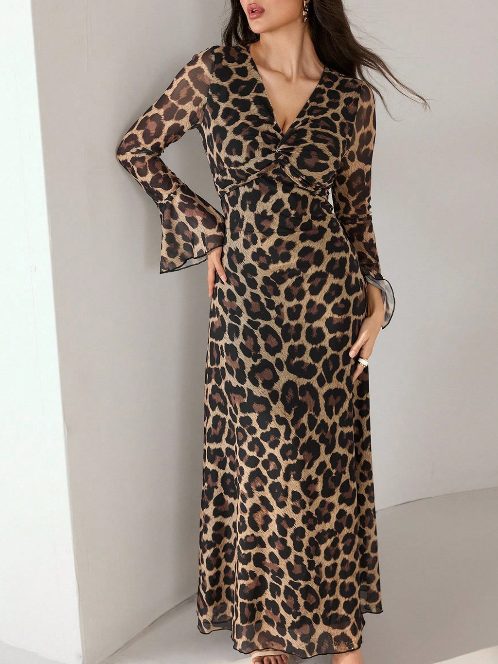 Bell Sleeve Leopard Maxi Dress With Side Slit