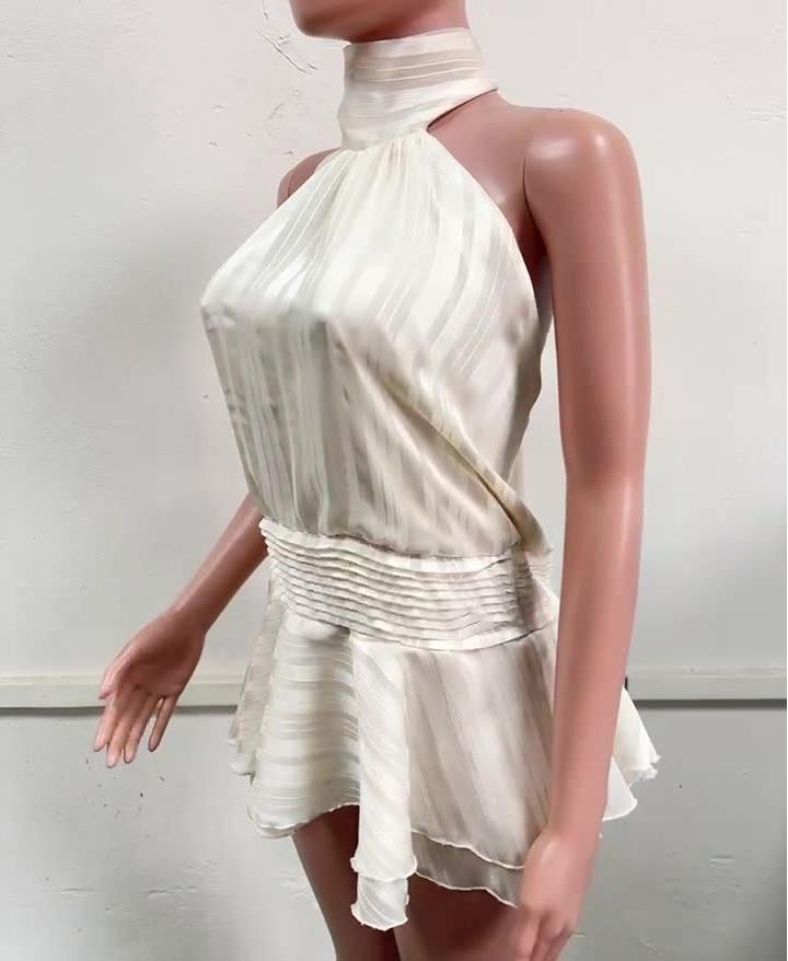 Shirred Waist Backless Halter Mini Dress - Beige