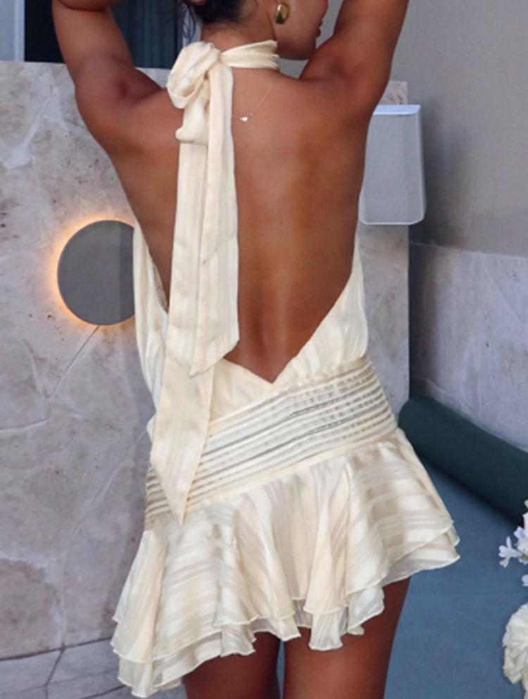 Shirred Waist Backless Halter Mini Dress - Beige - 1