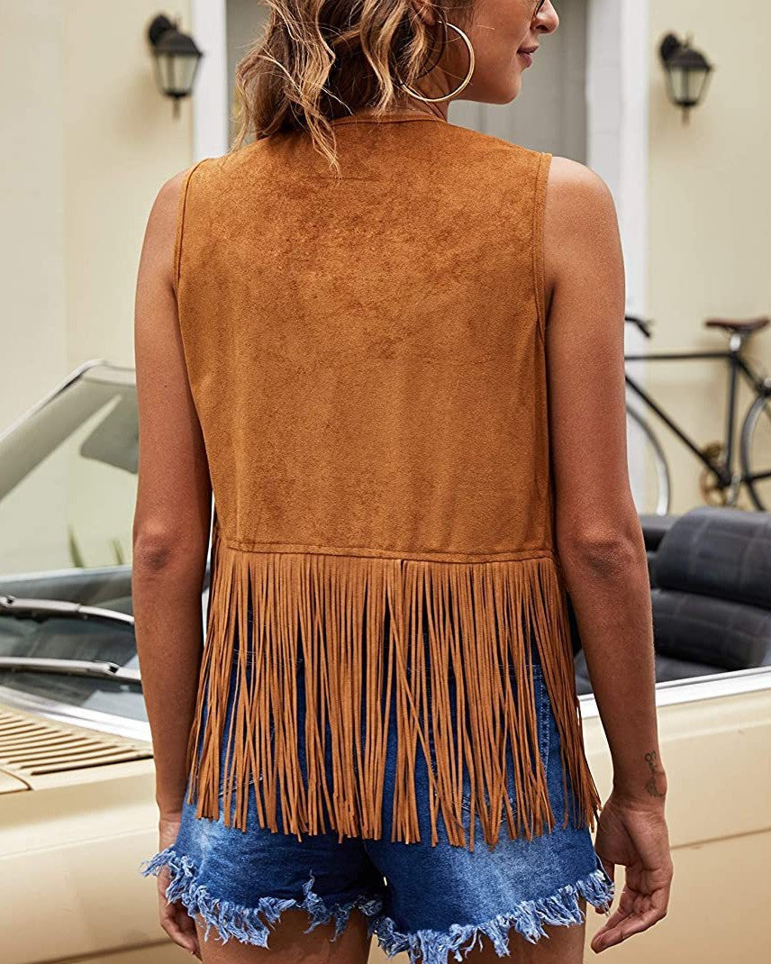 Fringed Faux Suede Western Vest - Khaki - 1