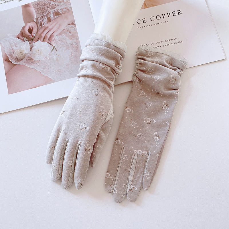 Sheer Floral Mesh Sun Protection Gloves - Grey