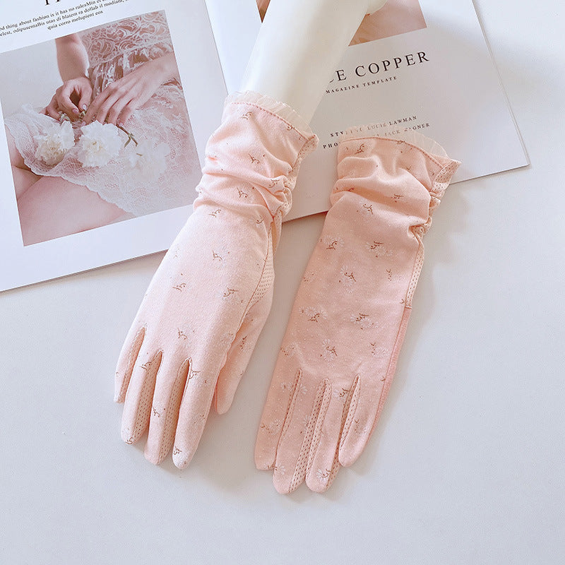 Sheer Floral Mesh Sun Protection Gloves - Pink