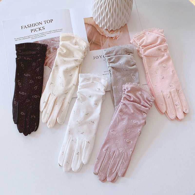 Sheer Floral Mesh Sun Protection Gloves - White