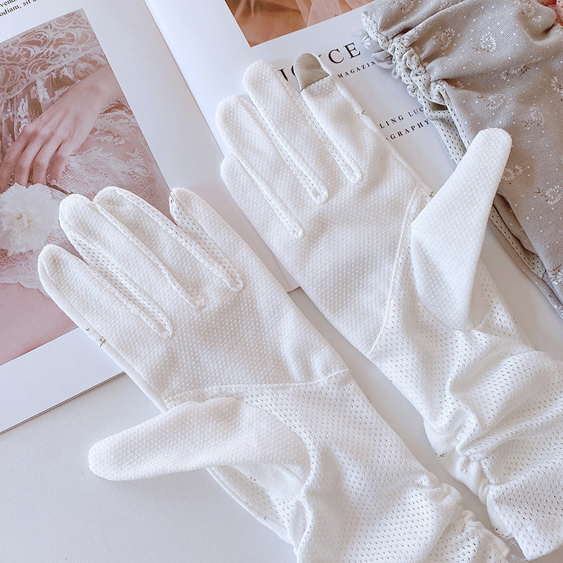 Sheer Floral Mesh Sun Protection Gloves - White - 2