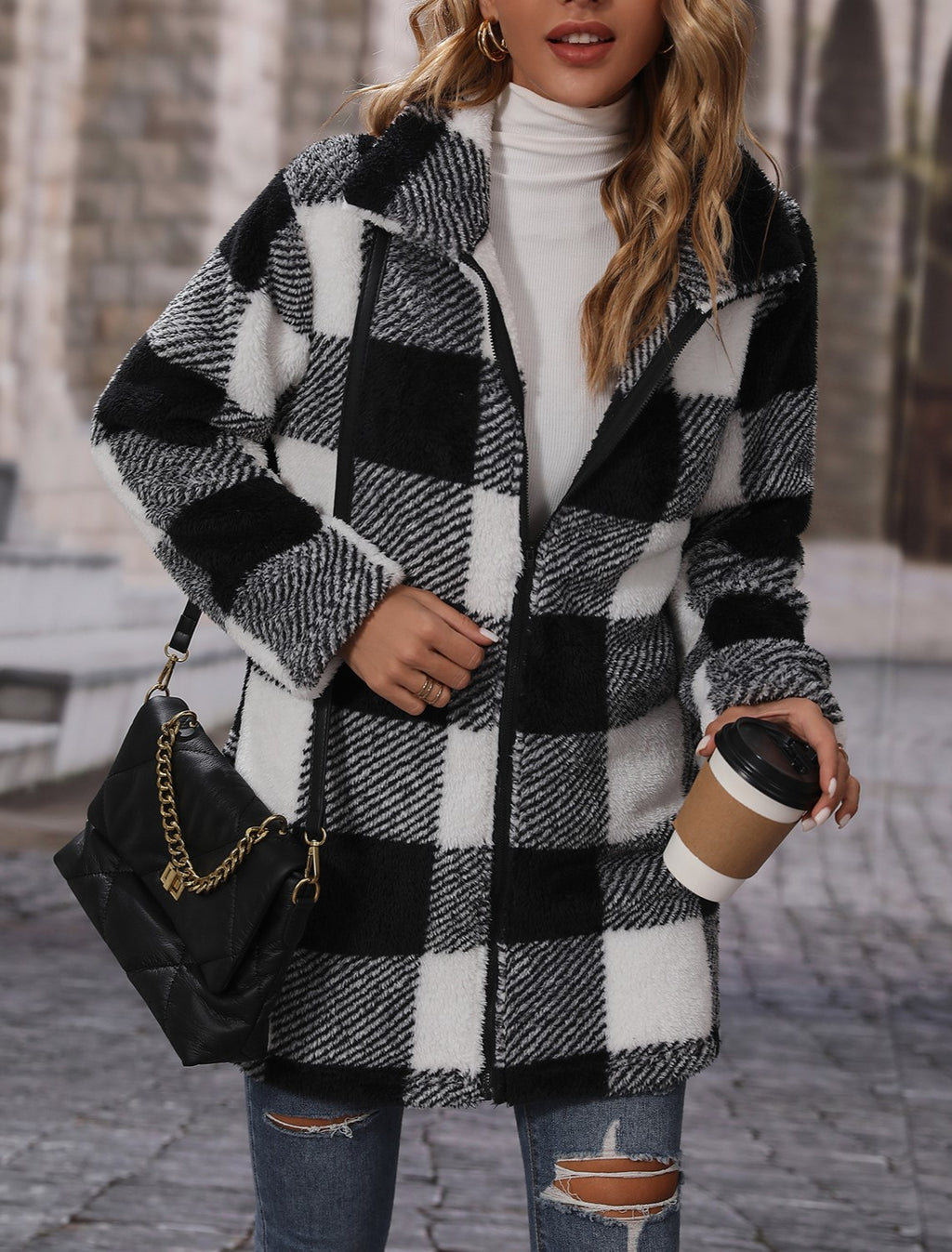 Buffalo Check Longline Faux Fur Coat - Black