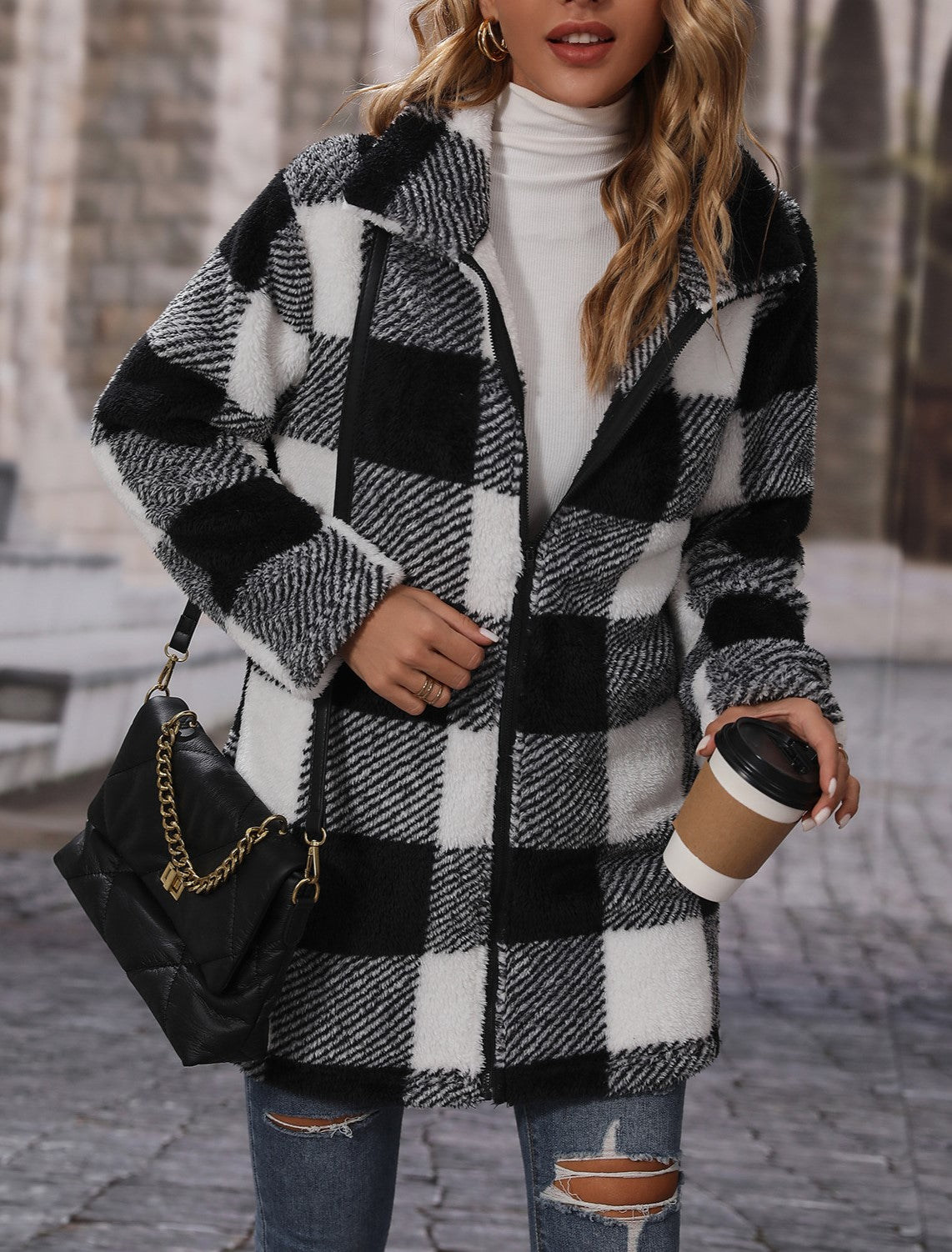 Buffalo Check Longline Faux Fur Coat - Black