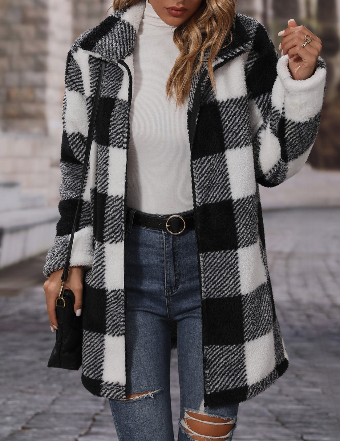 Buffalo Check Longline Faux Fur Coat