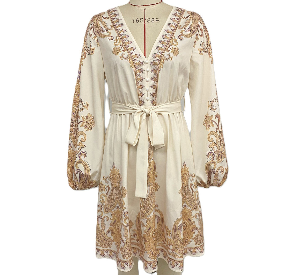 Baroque Border Print Balloon Sleeve Mini Dress - Apricot