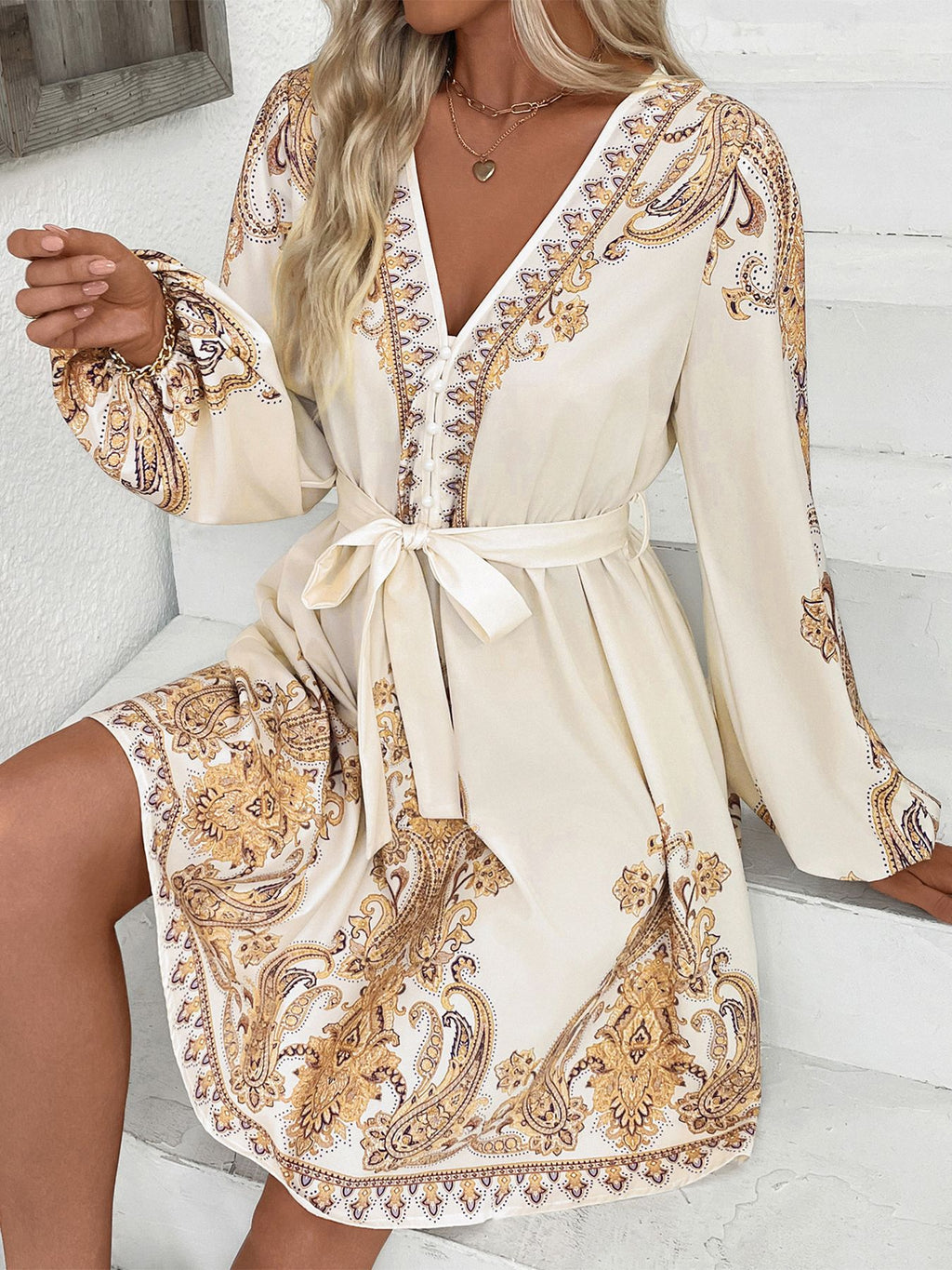 Baroque Border Print Balloon Sleeve Mini Dress - Apricot - 3