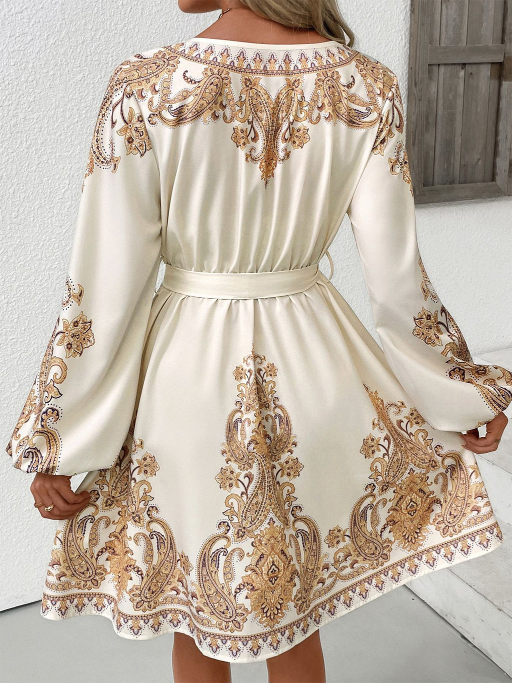 Baroque Border Print Balloon Sleeve Mini Dress - Apricot - 4