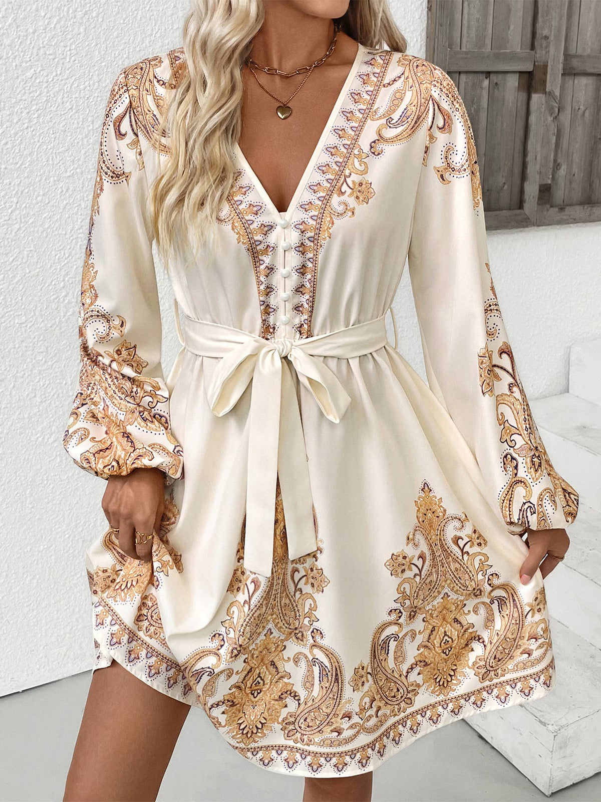 Baroque Border Print Balloon Sleeve Mini Dress
