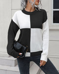 Colorblock Checkered Crew Neck Sweater - Black