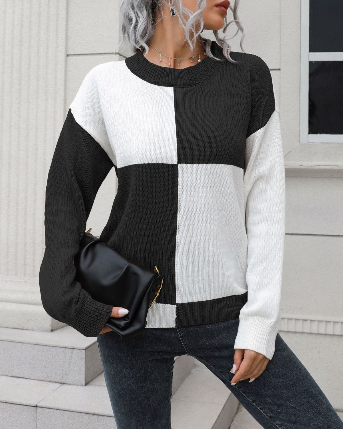 Colorblock Checkered Crew Neck Sweater - Black