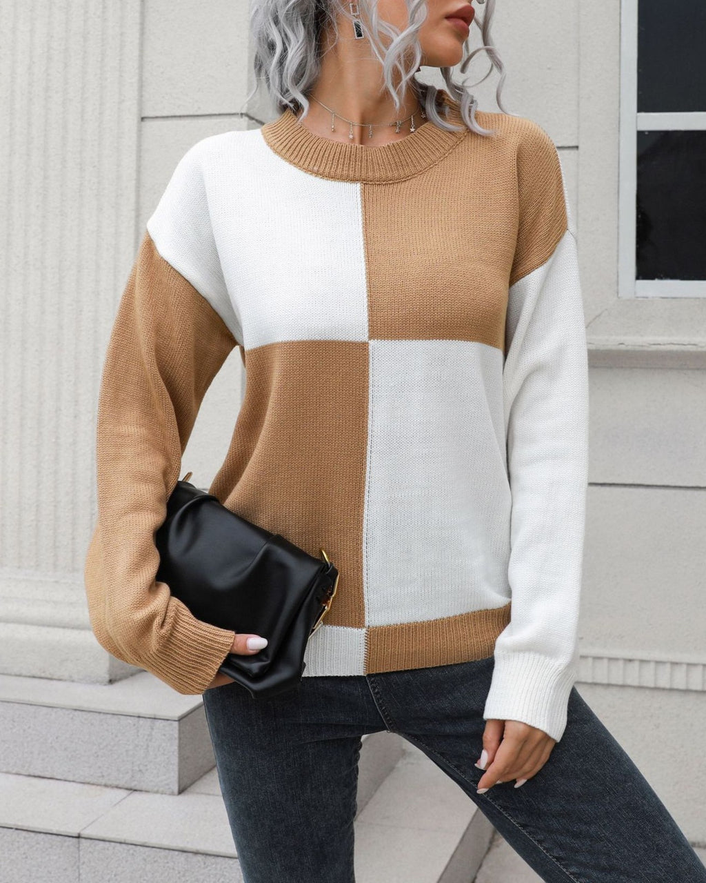 Colorblock Checkered Crew Neck Sweater - Yellow