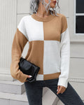 Colorblock Checkered Crew Neck Sweater - Yellow