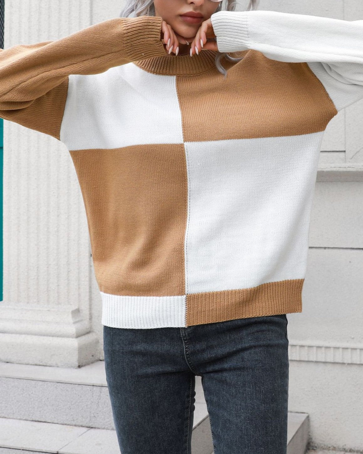 Colorblock Checkered Crew Neck Sweater - Yellow - 1