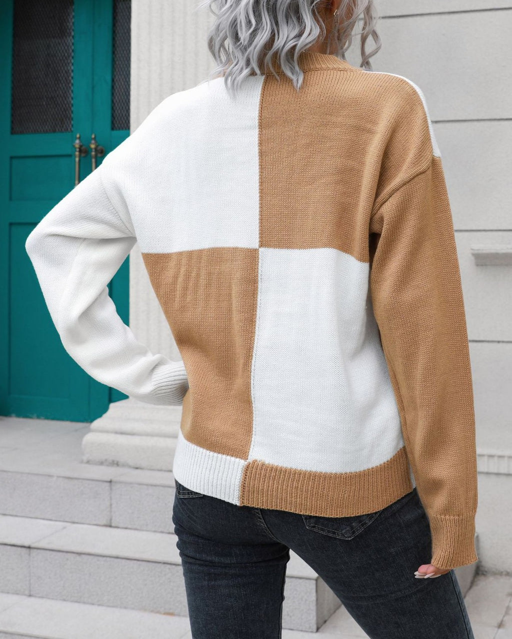 Colorblock Checkered Crew Neck Sweater - Yellow - 2