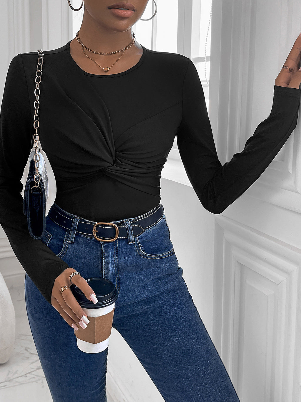 Knotted Front Round Neck Fitted Bodysuit - Black - 2