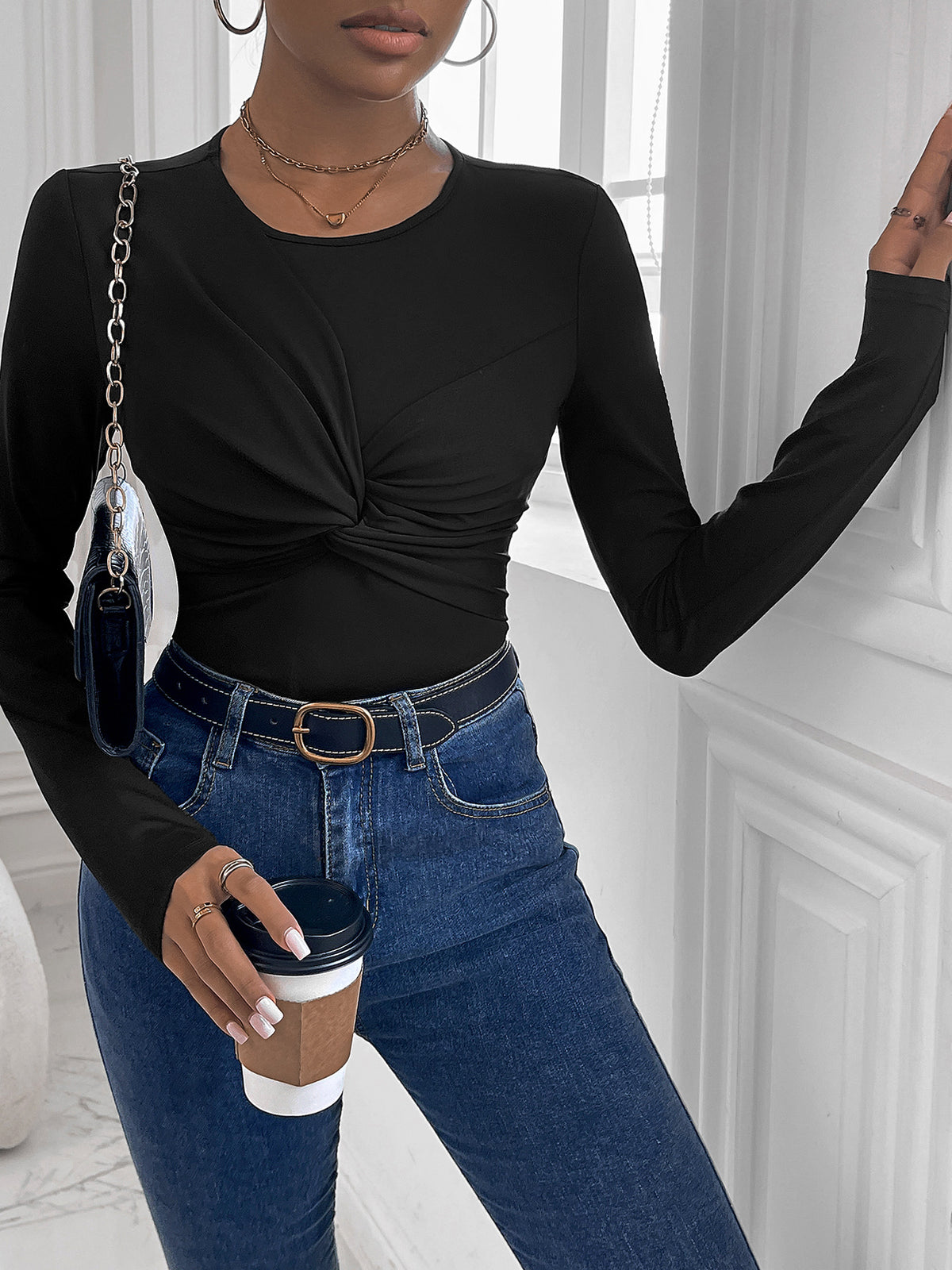 Knotted Front Round Neck Fitted Bodysuit - Black - 2