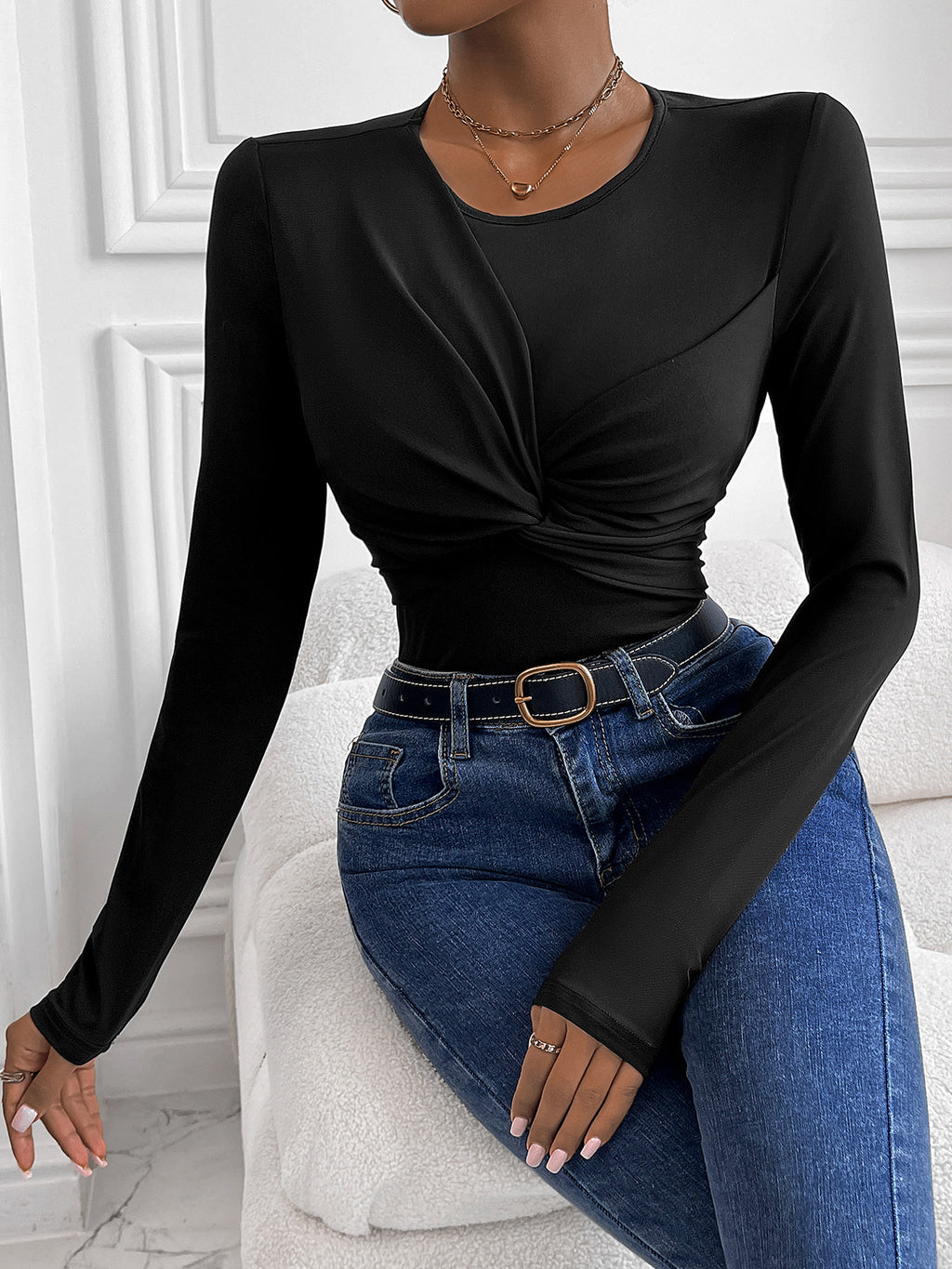 Knotted Front Round Neck Fitted Bodysuit - Black - 3