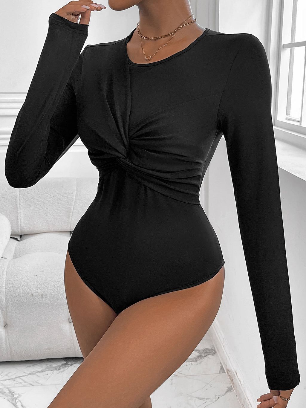 Knotted Front Round Neck Fitted Bodysuit - view 1