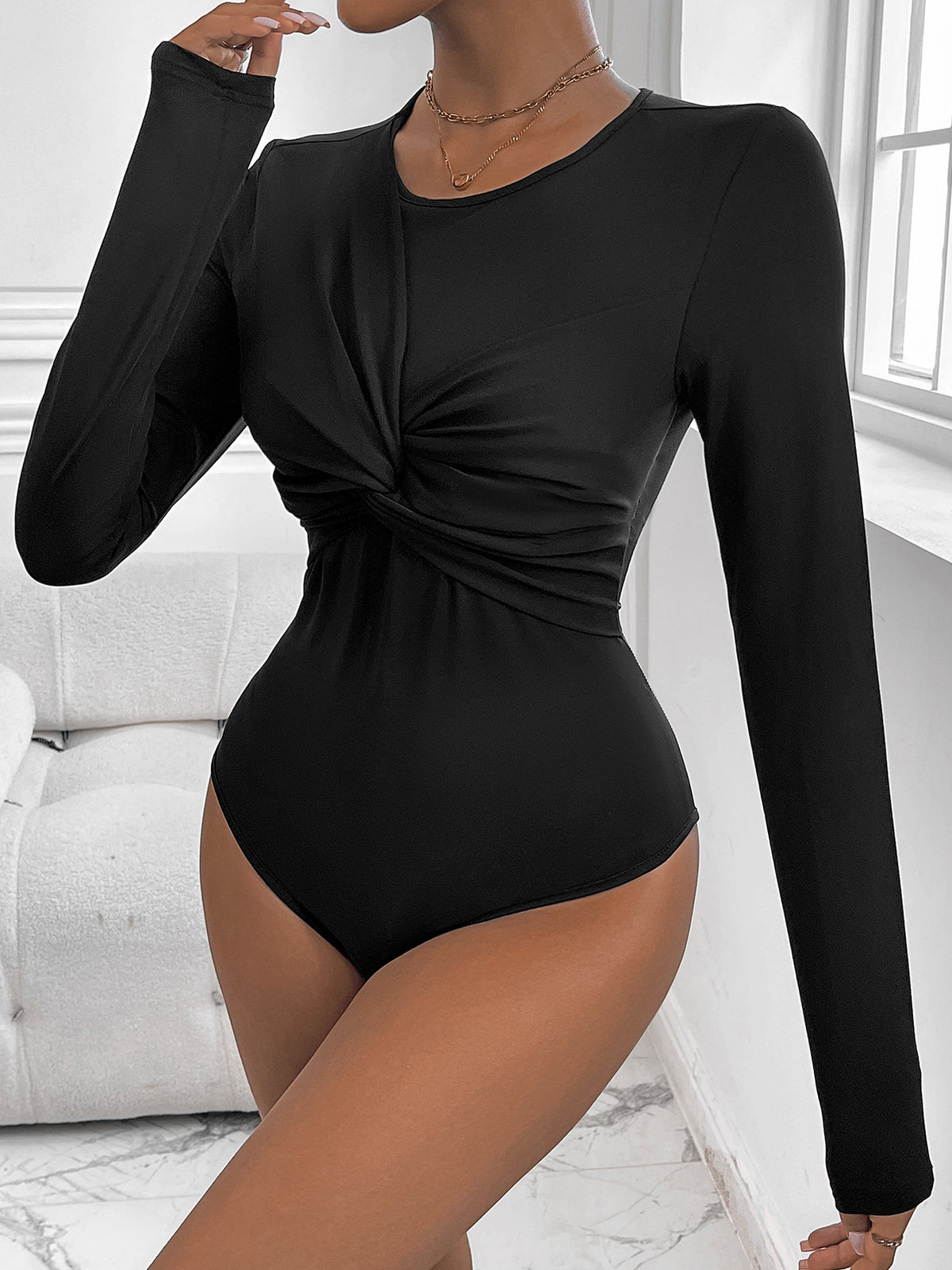 Knotted Front Round Neck Fitted Bodysuit - view 1