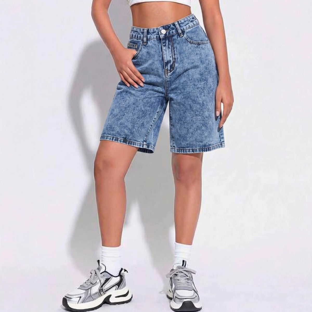 Vintage Acid-Wash Bermuda Denim Shorts with High Rise - Blue