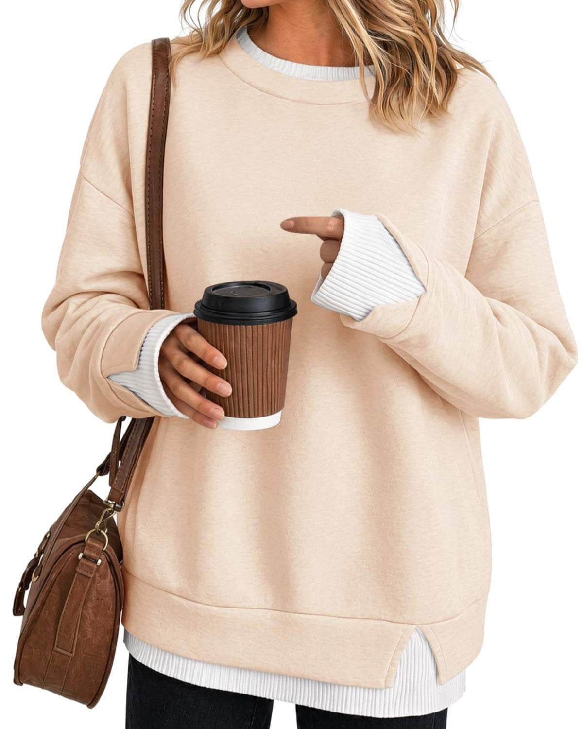 Layered Hem Crew Neck Pullover Sweatshirt - Apricot